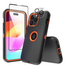 Xhy iPhone 15 Plus hoesje met scherm- en lensbeschermer, militaire kwaliteit 3-in-1 schokbestendige bescherming – Zwart+Oranje