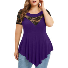 Blusa de manga corta para mujer Lulshou, talla grande, color liso, estampado floral, encaje, cuello redondo, asimétrica, tres cuartos, XXXL