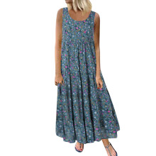 Rochie de vară economică! Rochii pentru femei, mărime mare, casual, lejeră, fără mâneci, florale, de zi cu zi, din in, lungă, maxi, albastru