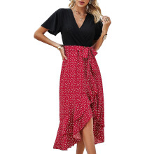 Naisten rento mekko, V-aukkoinen lyhythihainen, pilkullinen, röyhelöinen, sifonki, elegantti, keinuva, pitkähihainen mekko