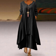 Vestidos de verano de tallas grandes para mujer, vestido casual liso con cuello redondo, manga larga, corte irregular y holgado, color negro.