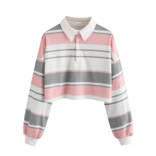 Dam Långärmade Crop-skjortor Färgrande Knappar Pullover Hoodies Sweatshirt Toppar Blus, Grå