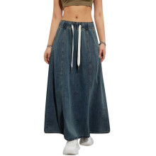 Falda larga vaquera para mujer Rdhnmea, cintura alta con cordón elástico, corte en A, falda maxi acampanada con bolsillos, estilo primavera-verano,