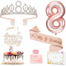 8th Birthday Decorations for Girls – Cake Topper, Queen Sash, Tiara, Candles & Balloons, Rose Gold