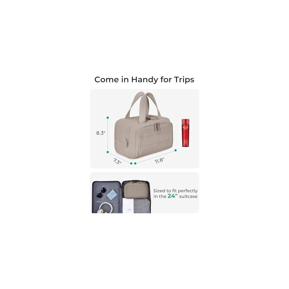 Brown Crush-Resistant Travel Toiletry Bag For Women, Wide-Open Puffy Cosmetic Organizer, Large Makeup Bag With Accessories Â Grayish