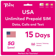 USA SIM Card for Travel to the USA. 15 Days PrePaid. T-Mobile network with Unlimited Data, Calls and Texts (Hawaii Included). New Upgraded 5G SIM Car