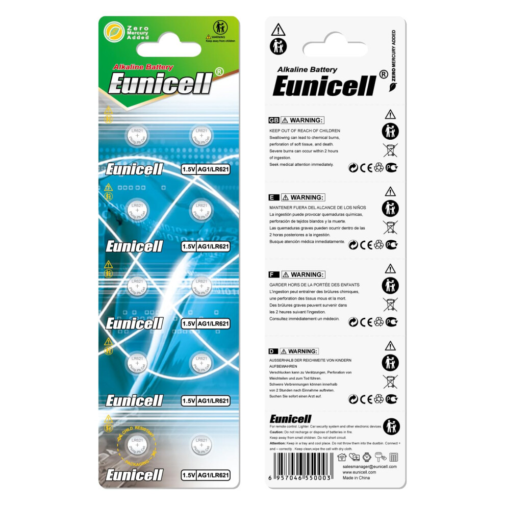 10 X Ag1 Eunicell Alkaline Button Cell Batteries In Separated Blister Packaging - G1 Lr60 Lr621 Sr621w 364 5002239756913