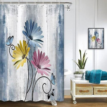 Rustikaler Duschvorhang im Landhausstil mit blauem Gänseblümchen- und Schmetterlingsmuster, Türkis/Rosa/Gelb, 119 x 163 cm, inklusive 8 Haken