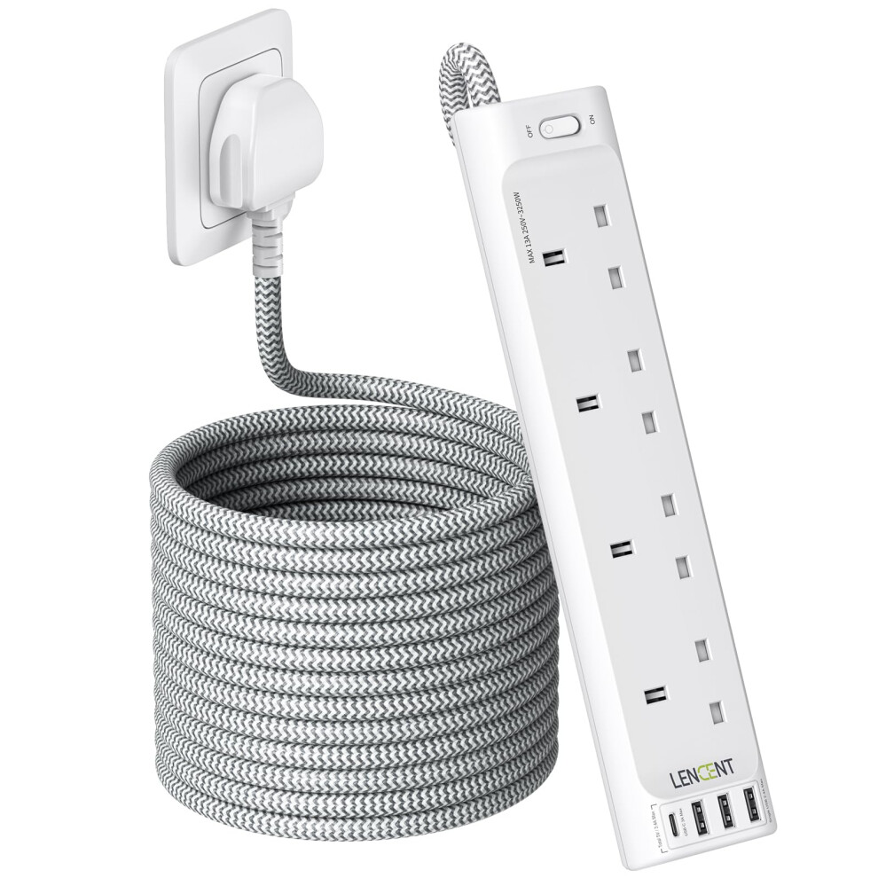 Lencent 5M Extension Lead With Usb Slots, 4 Way Outlets Power Strip With 4 Usb Ports, Multi Power Plug Extension With 5M Braided Extension Cord For H 5008121625145