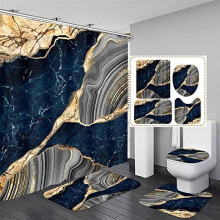 Ensemble rideau de douche en marbre bleu avec accents dorés (4 pièces)