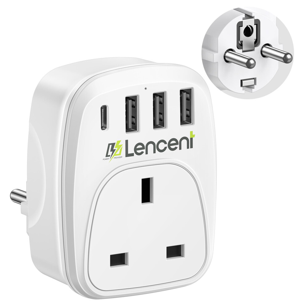 Photos - Charger LENCENT UK to European Plug Adapter with 3 USB Ports and 1 Type C, Grounded EU Euro Europe Travel Adapter for Germany Spain