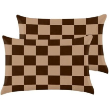 Cás Piliúir Micreasnáithín Tacar 2 phíosa le Zipper Folaithe, Bog & In-análaithe, Éasca le Glanadh (Donn-Checkered, 20"x26")