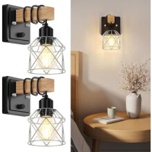 Set van 2 wandlampen, houten nachtlampjes met draaischakelaar, zwarte badkamerlamp met zilverkleurig draadframe, rustiek en dimbaar – compatibel