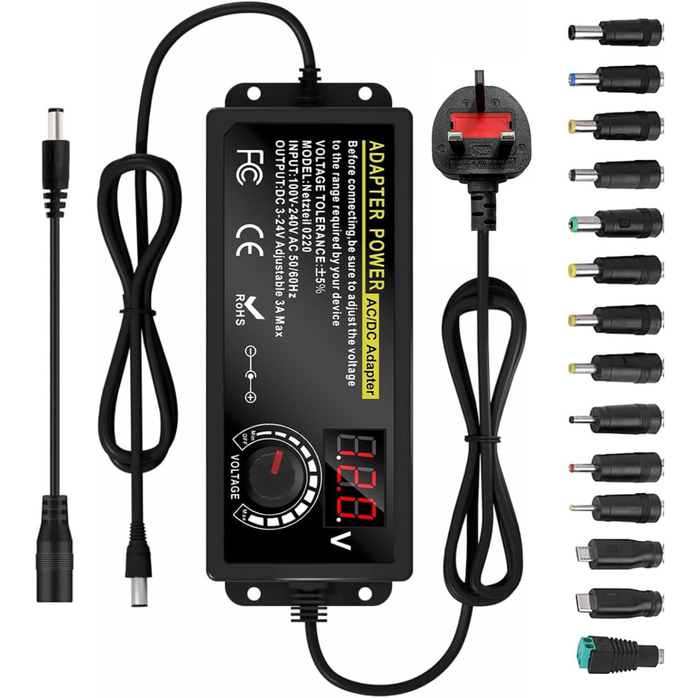 Power Supply 3A 72W Adjustable Variable Ac/Dc Adapter Charger, 100V-240V Ac To Dc 3V~24V Converter With Led Voltage Display & 14 Tips & Polarity Conv 33105925