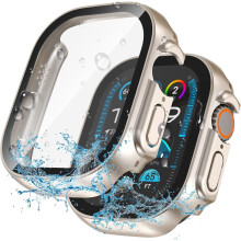 Cás Uiscedhíonach XiHAMA2-in-1 + Cosantóir Scáileáin do Apple Watch 40/41/42/46mm, Sraith 4/5/6/SE/SE2ú Glúin – Gloine Tempered & Tuairteoir
