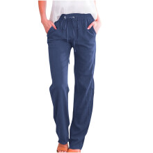 Calça feminina de cintura média com cordão e pernas retas para relaxar. Calça feminina casual, lisa e folgada, com elástico na cintura.