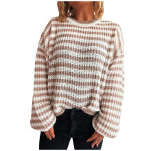 Damski sweter w paski, luźny krój, okrągły dekolt, miękki nylonowy sweter ze spandexu, długi rękaw, swobodny komfort, czarno-biały wzór w