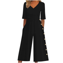 Mono para mujer, informal, de verano, moderno y cómodo, de color liso, manga corta, cuello en V, negro, talla S
