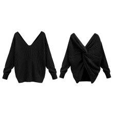 Suéteres para mujer de dos piezas con cuello en V, espalda abierta y cuello anudado, de punto, color negro.