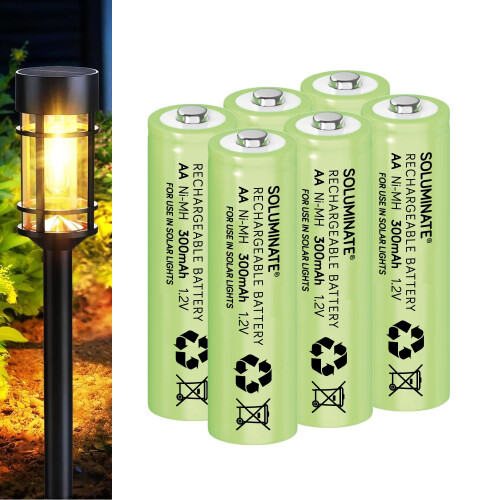 Soluminate AA Solar Light Batteries Size AA (300mAh) Rechargeable 1.2V NiMH Green cells for use outdoors in garden lights (6-Pack)