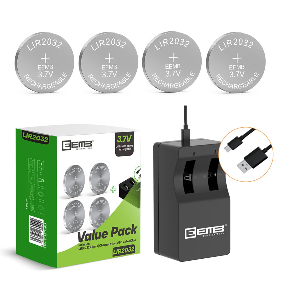 Eemb Lir2032 Rechargeable Battery Charger With 4Pcs 3.7V Lithium-Ion Coin Button Cell Batteries 45Mah For Car Remote Key Fob Watch 5002886837171