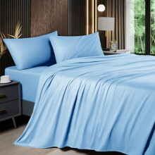 4-teiliges Queen-Size-Bettwäscheset, Bambus-Viskose, tiefe Taschen (40 cm), atmungsaktiv und weich, seidig-weiche Hotelbettwäsche, Seeblau