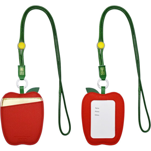 Porta-crachá de couro em formato de maçã com cordão.