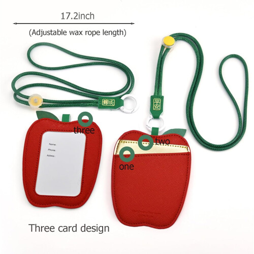 Porta-crachá de couro em formato de maçã com cordão. 2