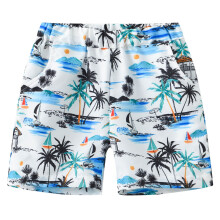 Zomerse stretchshorts voor jongens met kokosboomprint, zakken en elastische tailleband – geschikt voor strand, zwemmen en basketbal, wit, 3-4 jaar