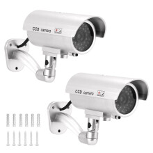 QWORK 2 Pack Silver Dummy Security Cameras with Red Flashing Light, Waterproof Bullet Shape, Outdoor Indoor Use, Includes CCTV Signs and Screws