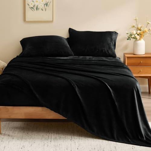Σεντόνια Flannel Full Size Black - Σετ σεντονιών από εξαιρετικά μαλακό φλις, αφράτα, 1