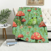 Cute Green Frog Mushroom Flannel Blanket – Soft Cozy Throw for Bed, Sofa, Chair; Frog Gifts for Adults, Kids, Teens; Home Decor