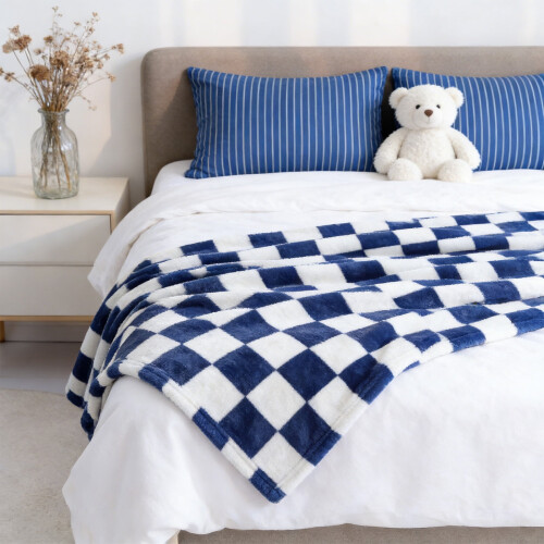 Blue checkered flannel blanket black white squares 39.37 x 2
