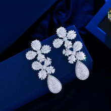 Gold Plated CZ Leaf Drop Earrings for Brides 1 Pair