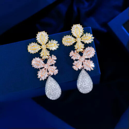 Statement Multi Tone Gold Plated CZ Long Leaf Drop Earrings for Brides Wedding 1