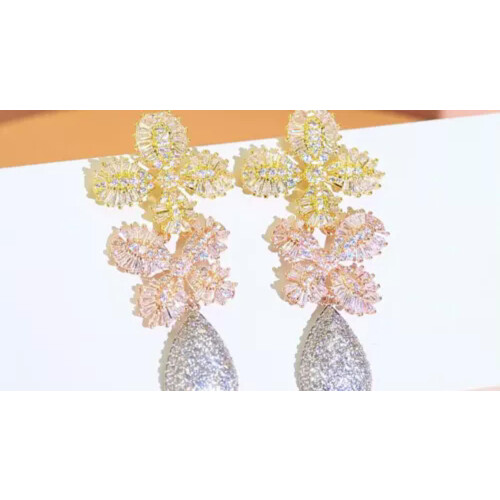Statement Multi Tone Gold Plated CZ Long Leaf Drop Earrings for Brides Wedding 2