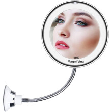 Miroir grossissant flexible à col de cygne x10 avec lumière, miroir de courtoisie portable à ventouses – Compatible salle de bain/mur (20 cm)
