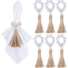 Ronds de serviette en perles de bois, ronds de serviette extensibles style ferme avec pompon, ronds de serviette bohèmes pour table à manger,