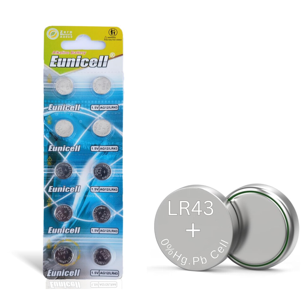 Pack Of 10 - Lr43/Ag12 Eunicell 1.5V Button Coin Cell Alkaline Batteries - Suitable For Use In Led Lights, Digital Voice Recorders, Toys, Blood Gluco 5000422255762