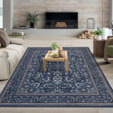 5'x7' Boho Vintage Floral Area Rug, Stain-Resistant, Low-Pile, Non-Slip, Soft Thin Carpet for Bedroom, Kids Playroom, Office – Dark Blue