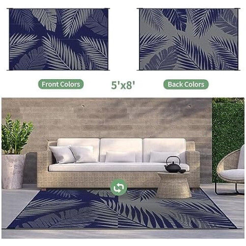 Tappeto da esterno reversibile impermeabile, 152x244 cm, blu e grigio 1