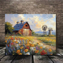 Boerderij Bloemenveld Canvas Muurdecoratie
