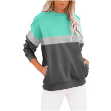 Blusas da moda para o outono, blusa casual de manga comprida com gola redonda e blocos de cores.