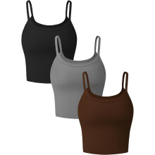 Dame 3-delte ribbede crop tanktopper - Sømløs treningstopp med firkantet hals og crop-utringning for yoga for kvinner