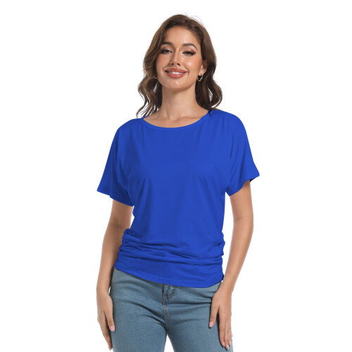 Womens Short Sleeve Boat Neck Side Shirring Dolman Drape Top 2