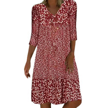 Elegantes Damenkleid mit Blumenmuster, halblangen Ärmeln, V-Ausschnitt, Rüschensaum, fließendem Schnitt, Freizeitkleid für jeden Tag