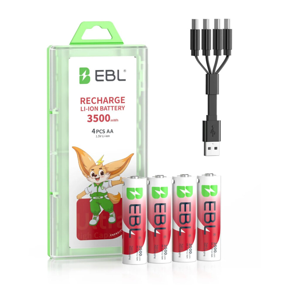 Ebl 1.5V Lithium Aa Rechargeable Battery - 3500Mwh High Capacity With 4-In-1 Usb-C Charging Cable, Usb-C Aa Battery, No Charger Needed To Charge Anyw 5009870741537