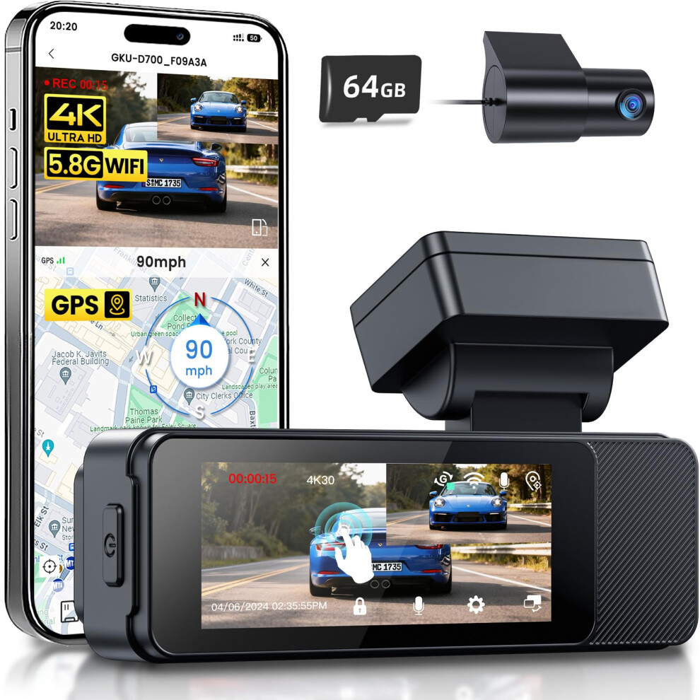 Gku 4K Dash Cam Front And Rear, 5Ghz Wi-Fi Dashcam With 3.18'' Touchscreen, Gps, Dual Car Camera Dash Cam With 64Gb Sd Card,Super Night Vision,Wdr,Pa 5002120843906