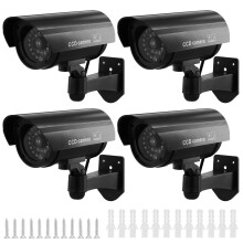 QWORK 4 Pack Black Dummy Security Cameras with Red Flashing Light, Waterproof Bullet Shape, Outdoor Indoor Use, Includes CCTV Signs and Screws, No B