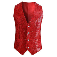 Mens Suit Vest Sparkly Sequin Waistcoat Single Breasted Sleeveless Blazer Jacket Partywear Red